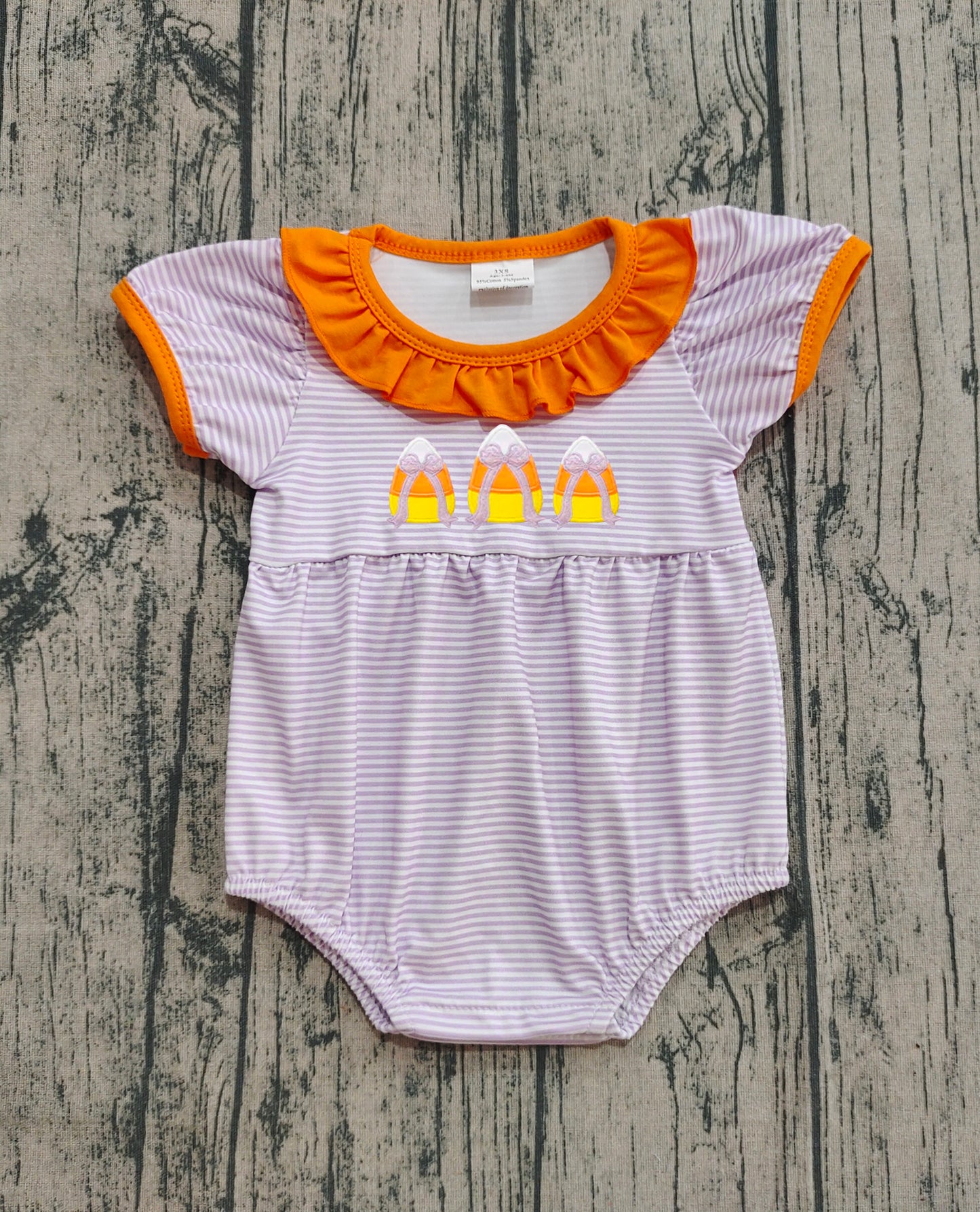 Preorder SR3202 Embroidered Halloween Candy Purple Stripe Orange Ruffle Short Sleeve Girls Bubble Romper 202508