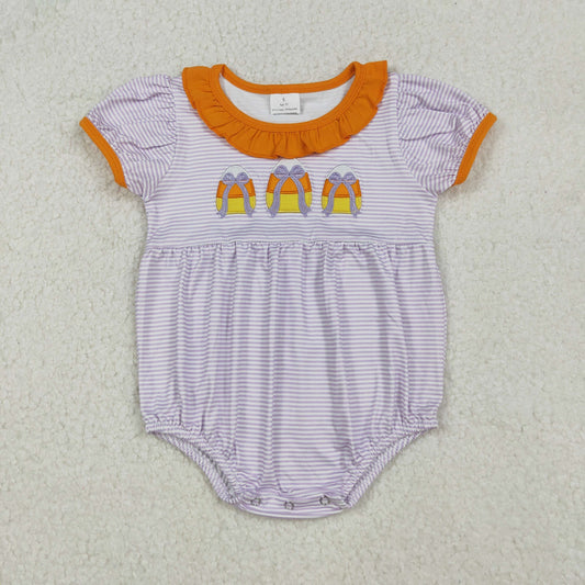 SR3202 Embroidered Halloween Candy Purple Stripe Orange Ruffle Short Sleeve Girls Bubble Romper 202509 RTS