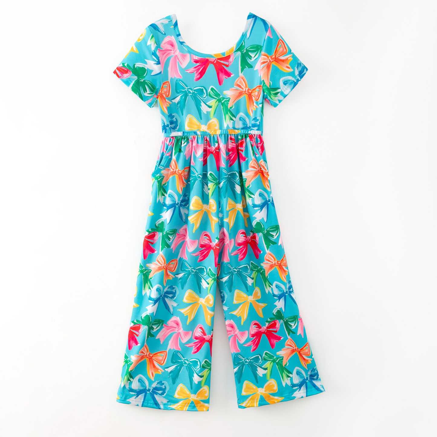MOQ 8 Preorder SR3213 Bows Pattern Blue Green Short Sleeve Girls Overalls Jumpsuits 202509