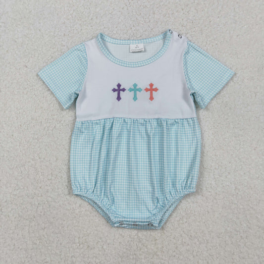 SR3215 Embroidered Easter Cross Short Sleeve Boys Bubble Romper 202511 RTS Sibling
