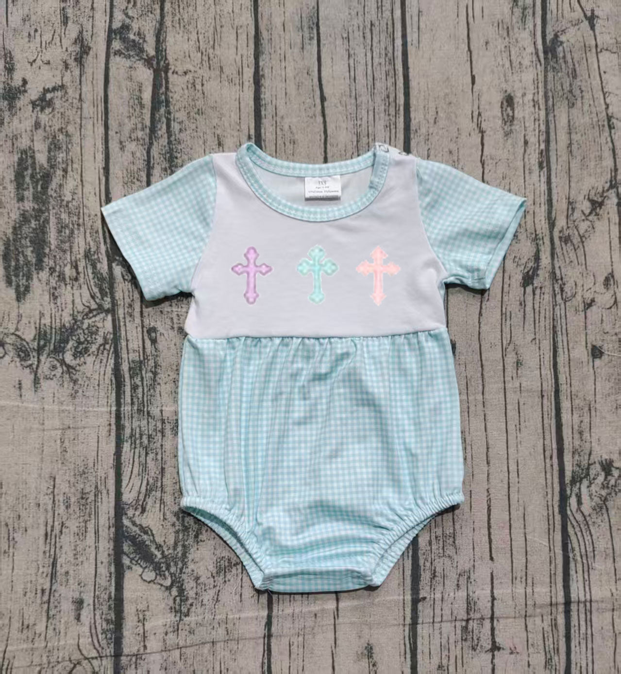 NO MOQ Preorder SR3215 Embroidered Easter Cross Short Sleeve Boys Bubble Romper 202510 Sibling