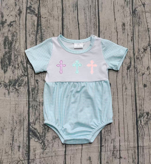 NO MOQ Preorder SR3215 Embroidered Easter Cross Short Sleeve Boys Bubble Romper 202510 Sibling