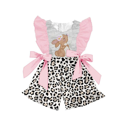 MOQ 8 Preorder SR3217 Easter Bunny Leopard Pink Ruffle Flying Sleeve Girls Overalls Jumpsuits 202509 Sibling