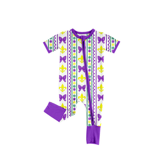 MOQ 8 Preorder SR3229 Bows Mardi Gras Purple Zipper Short Sleeve Girls  Romper 202509