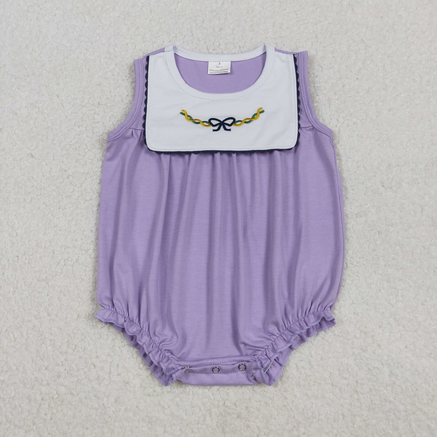 SR3235 Embroidered Mardi Gras Bows Purple Sleeveless Girls Bubble Romper 202511 RTS