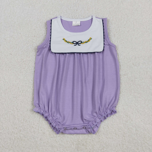 SR3235 Embroidered Mardi Gras Bows Purple Sleeveless Girls Bubble Romper 202511 RTS