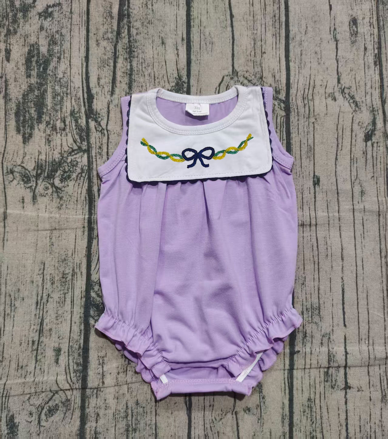 NO MOQ Preorder SR3235 Embroidered Mardi Gras Bows Purple Sleeveless Girls Bubble Romper 202510