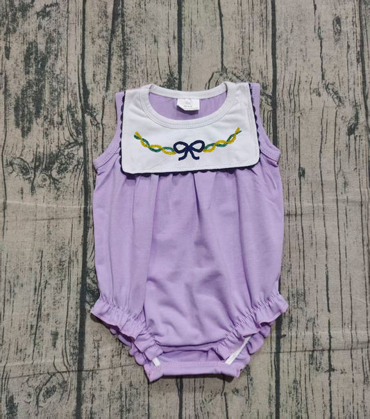 NO MOQ Preorder SR3235 Embroidered Mardi Gras Bows Purple Sleeveless Girls Bubble Romper 202510
