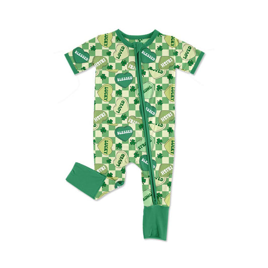 MOQ 8 Preorder SR3238 St. Patrick's Day Four-Leaf Green Plaid Zipper Short Sleeve Girls  Romper 202509