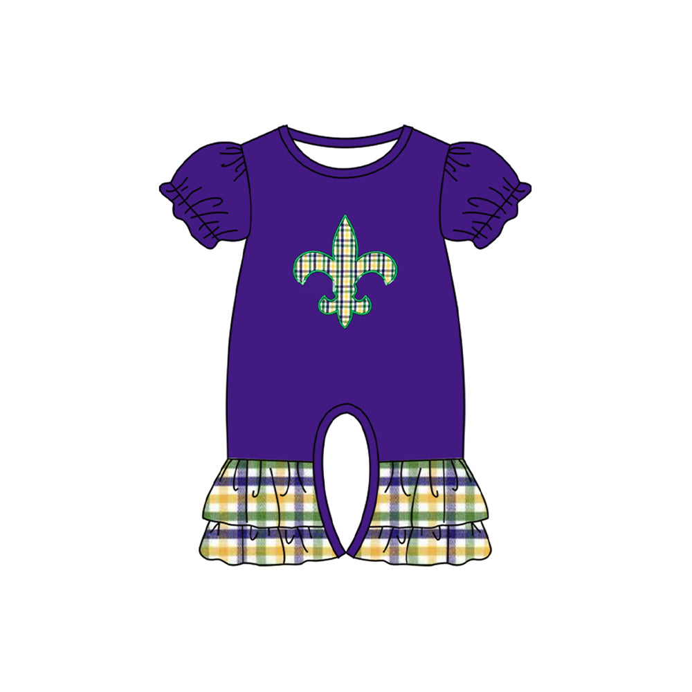 MOQ 8 Preorder SR3240 Mardi Gras Plaid Ruffle Purple Short Sleeve Girls Romper 202509 Sibling