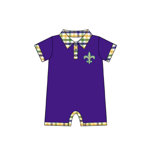 MOQ 8 Preorder SR3241 Mardi Gras Plaid Polo Purple Short Sleeve Boys Romper 202509 Sibling