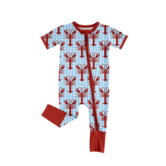 MOQ 8 Preorder SR3244 Mardi Gras Crayfish Plaid Zipper Short Sleeve Boys Romper 202509