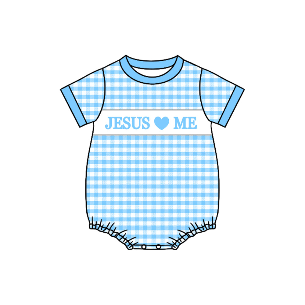 MOQ 8 Preorder SR3248 Jesus Love Me Blue Plaid Short Sleeve Boys Bubble Romper 202509