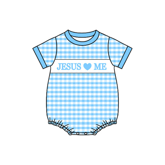 MOQ 8 Preorder SR3248 Jesus Love Me Blue Plaid Short Sleeve Boys Bubble Romper 202509