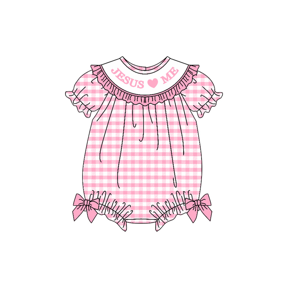 MOQ 8 Preorder SR3249 Jesus Love Me Pink Plaid Ruffle Short Sleeve Girls Bubble Romper 202509