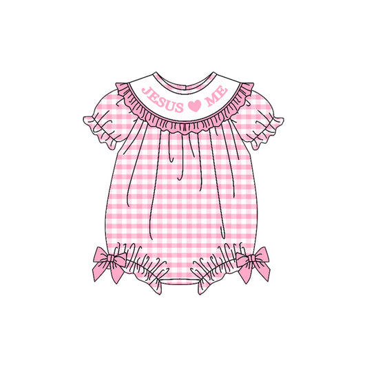 MOQ 8 Preorder SR3249 Jesus Love Me Pink Plaid Ruffle Short Sleeve Girls Bubble Romper 202509
