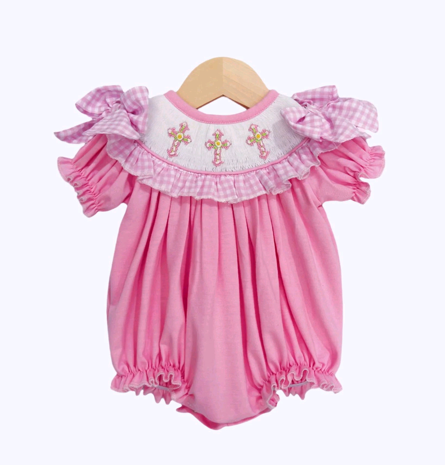 MOQ 8 Preorder SR3250 Easter Cross Pink Ruffle Short Sleeve Girls Bubble Romper 202509