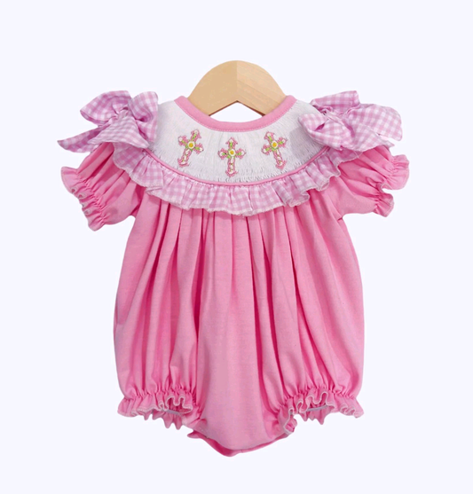 MOQ 8 Preorder SR3250 Easter Cross Pink Ruffle Short Sleeve Girls Bubble Romper 202509