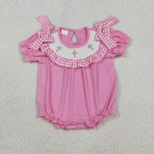 SR3250 Smocked Easter Cross Pink Ruffle Short Sleeve Girls Bubble Romper 202601 RTS