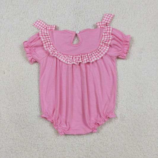 SR3250 Smocked Easter Cross Pink Ruffle Short Sleeve Girls Bubble Romper 202601 RTS