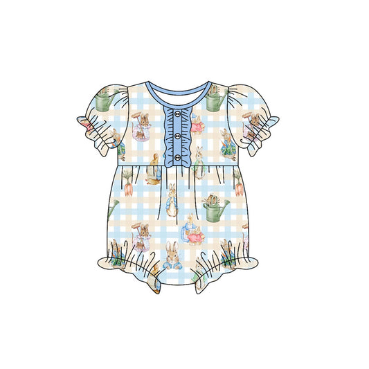 MOQ 8 Preorder SR3251 Easter Bunny Blue Plaid Short Sleeve Girls Bubble Romper 202509