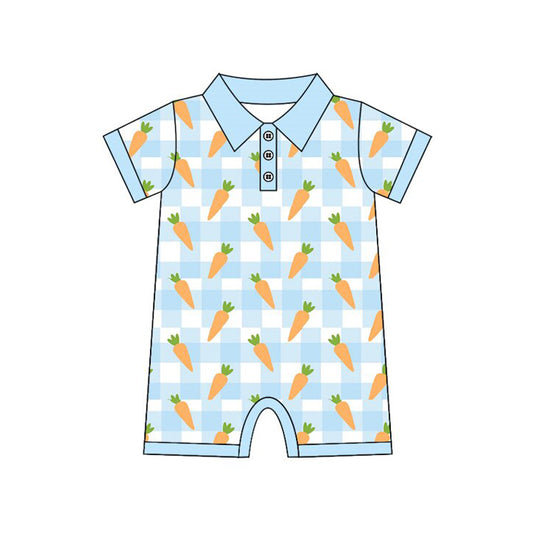 MOQ 8 Preorder SR3254 Easter Carrot Blue Plaid Polo Short-Sleeved Boys Romper 202509