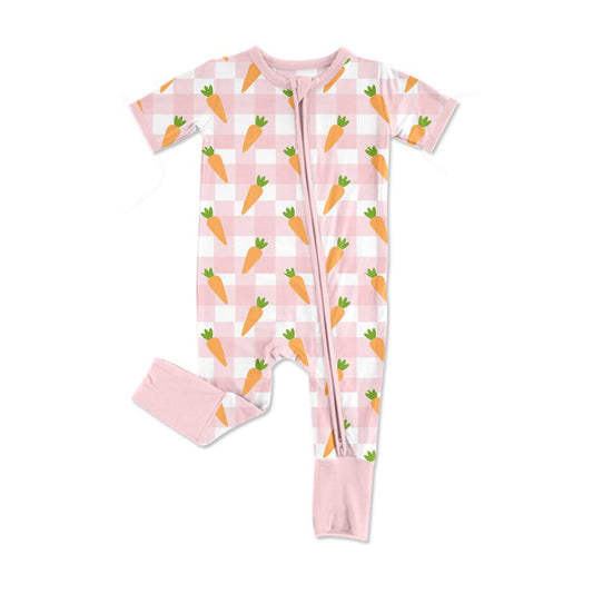 MOQ 8 Preorder SR3255 Easter Carrot Pink Plaid Zipper Short-Sleeved Girls Romper 202509