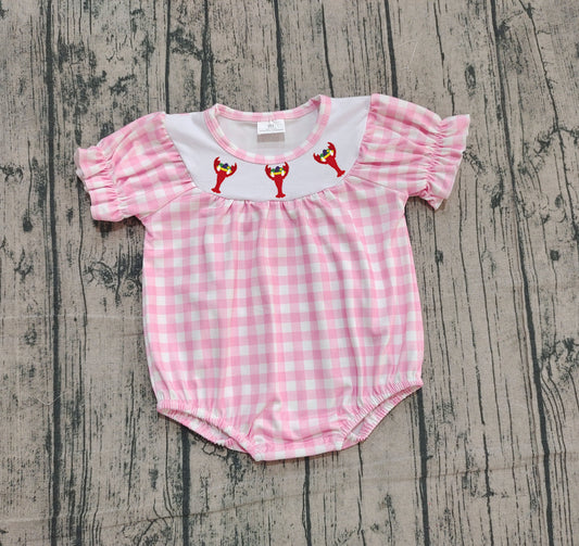 NO MOQ Preorder SR3256 Embroidered Mardi Gras Crayfish Pink Plaid Short-Sleeved Girls Bubble Romper 202510