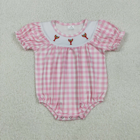 SR3256 Embroidered Mardi Gras Crayfish Pink Plaid Short-Sleeved Girls Bubble Romper 202511 RTS