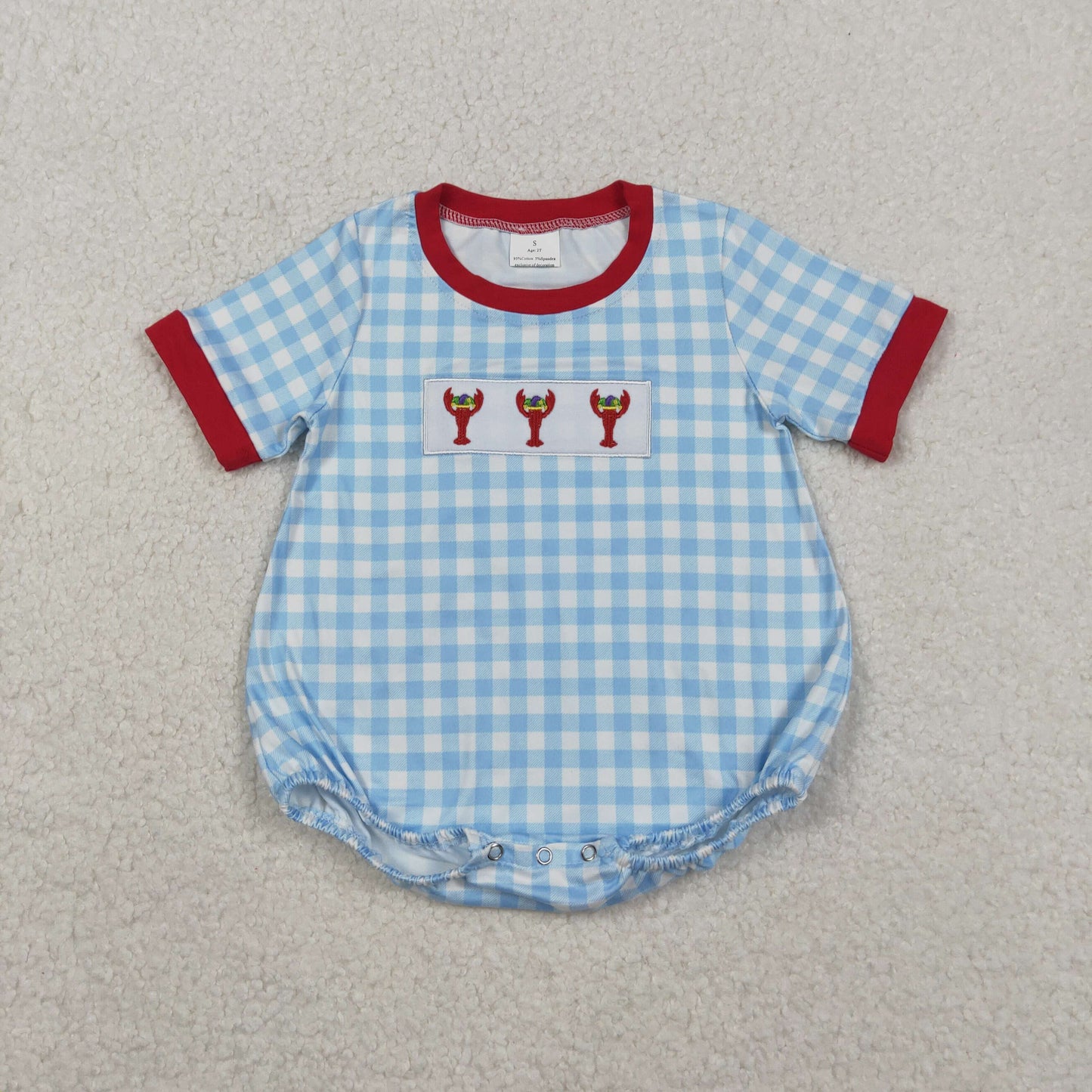 SR3257 Embroidered Mardi Gras Crayfish Blue Plaid Red Neck Short-Sleeved Boys Bubble Romper 202511 RTS