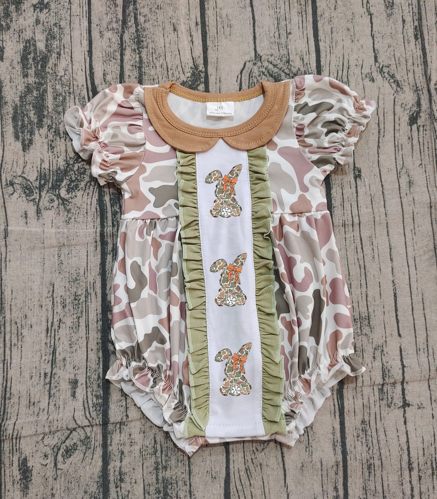 NO MOQ Preorder SR3259 Embroidered Easter Bunny Camouflage Doll Collar Ruffle Short-Sleeved Girls Bubble Romper 202510