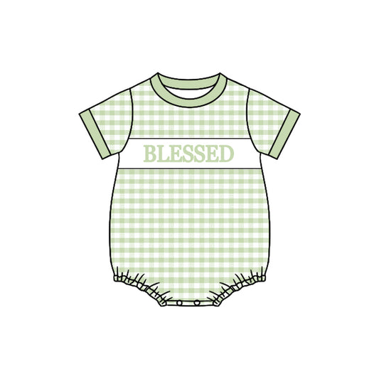 MOQ 8 Preorder SR3261 Blesses Letter Green Plaid Short Sleeve Boys Bubble Romper 202510