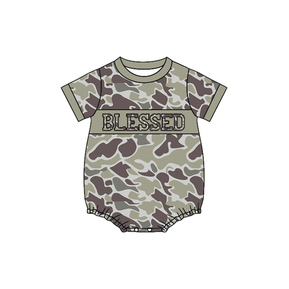 MOQ 8 Preorder SR3262 Blesses Letter Army Green Camouflage Short Sleeve Boys Bubble Romper 202510