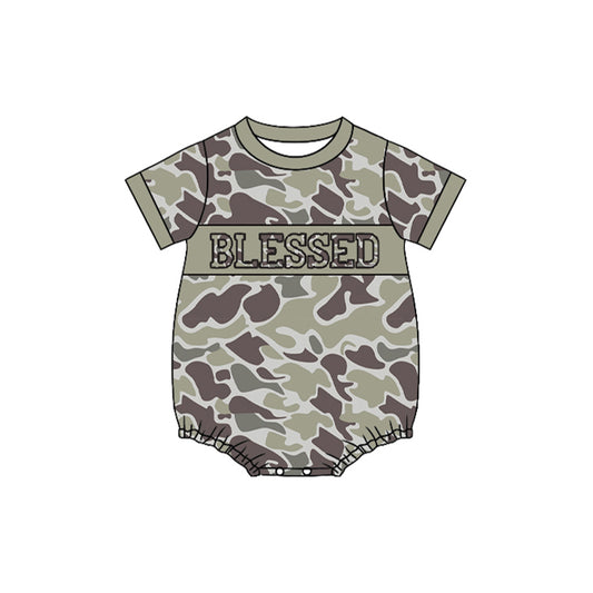 MOQ 8 Preorder SR3262 Blesses Letter Army Green Camouflage Short Sleeve Boys Bubble Romper 202510