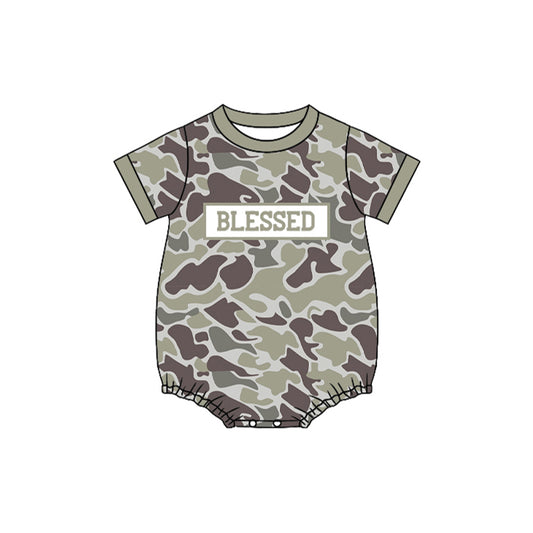 MOQ 8 Preorder SR3263 Blesses Letter Army Green Camouflage Short Sleeve Boys Bubble Romper 202510