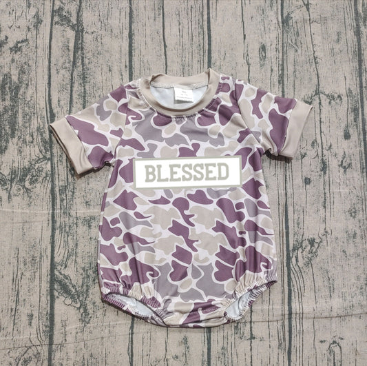 NO MOQ Preorder SR3263 Embroidered Blesses Letter Army Green Camouflage Short Sleeve Boys Bubble Romper 202511