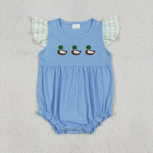 SR3266 Embroidered Three Ducks Blue Flying Sleeve Girls Bubble Romper 202601 RTS Sibling