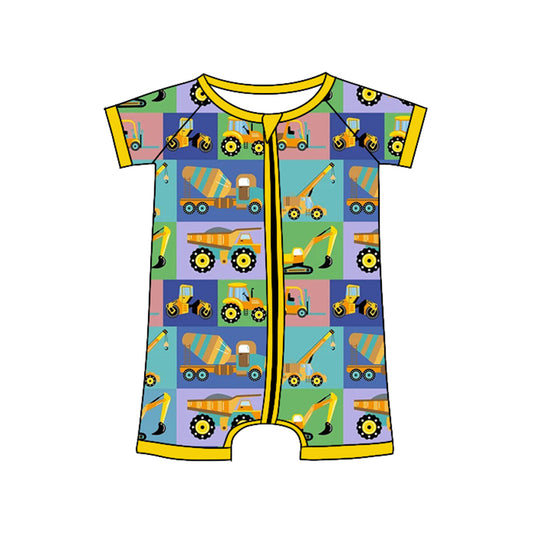 MOQ 8 Preorder SR3268 Trucks Plaid Yellow Zipper Short Sleeve Boys Romper 202510 Sibling