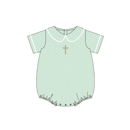 MOQ 8 Preorder SR3269 Easter Cross Doll Collar Pea Green Short Sleeve Boys Bubble Romper 202510 Sibling