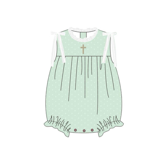 MOQ 8 Preorder SR3270 Easter Cross Ruffle Pea Green Sleeveless Girls Bubble Romper 202510 Sibling