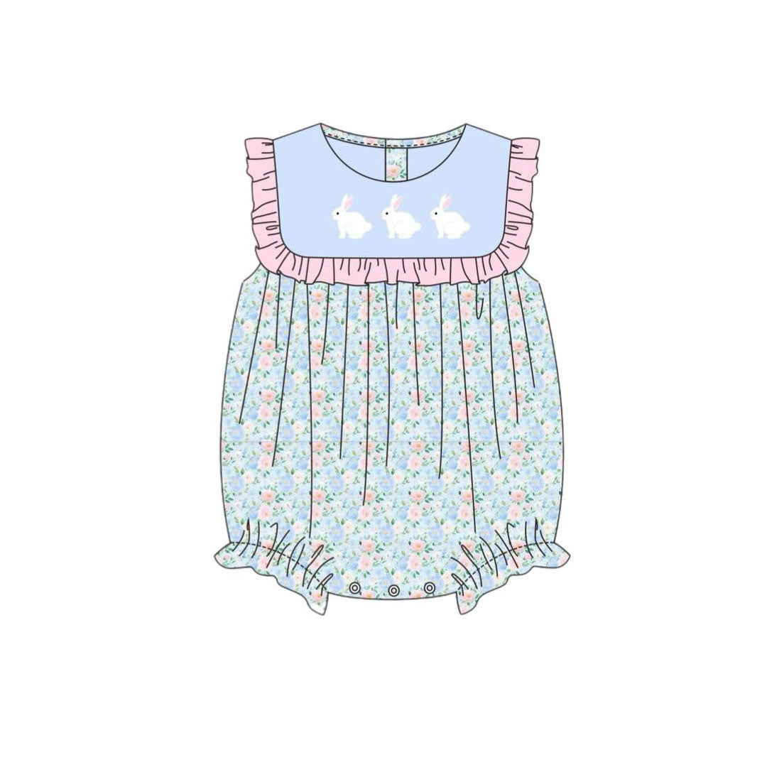 MOQ 8 Preorder SR3271 Easter Bunny Floral Pink Ruffle Sleeveless Girls Bubble Romper 202510 Sibling