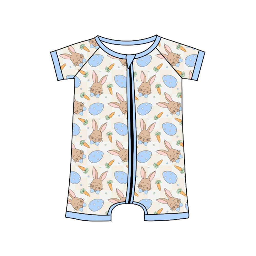MOQ 8 Preorder SR3273 Easter Bunny Blue Zipper Short Sleeve Boys Romper 202510 Sibling