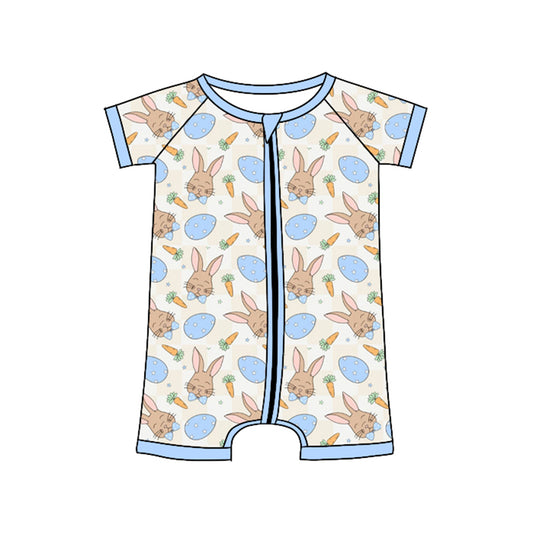 MOQ 8 Preorder SR3273 Easter Bunny Blue Zipper Short Sleeve Boys Romper 202510 Sibling