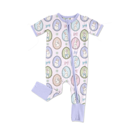 MOQ 8 Preorder SR3274 Easter Bunny Bows Pink Zipper Short Sleeve Girls Romper 202510 Sibling