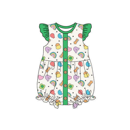 MOQ 8 Preorder SR3275 Lucky Girl Green Flying Sleeve Girls Bubble Romper 202510 Sibling