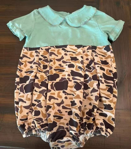 MOQ 8 Preorder SR3277 Green Doll Collar Camo Short Sleeve Boys Bubble Romper 202510 Sibling