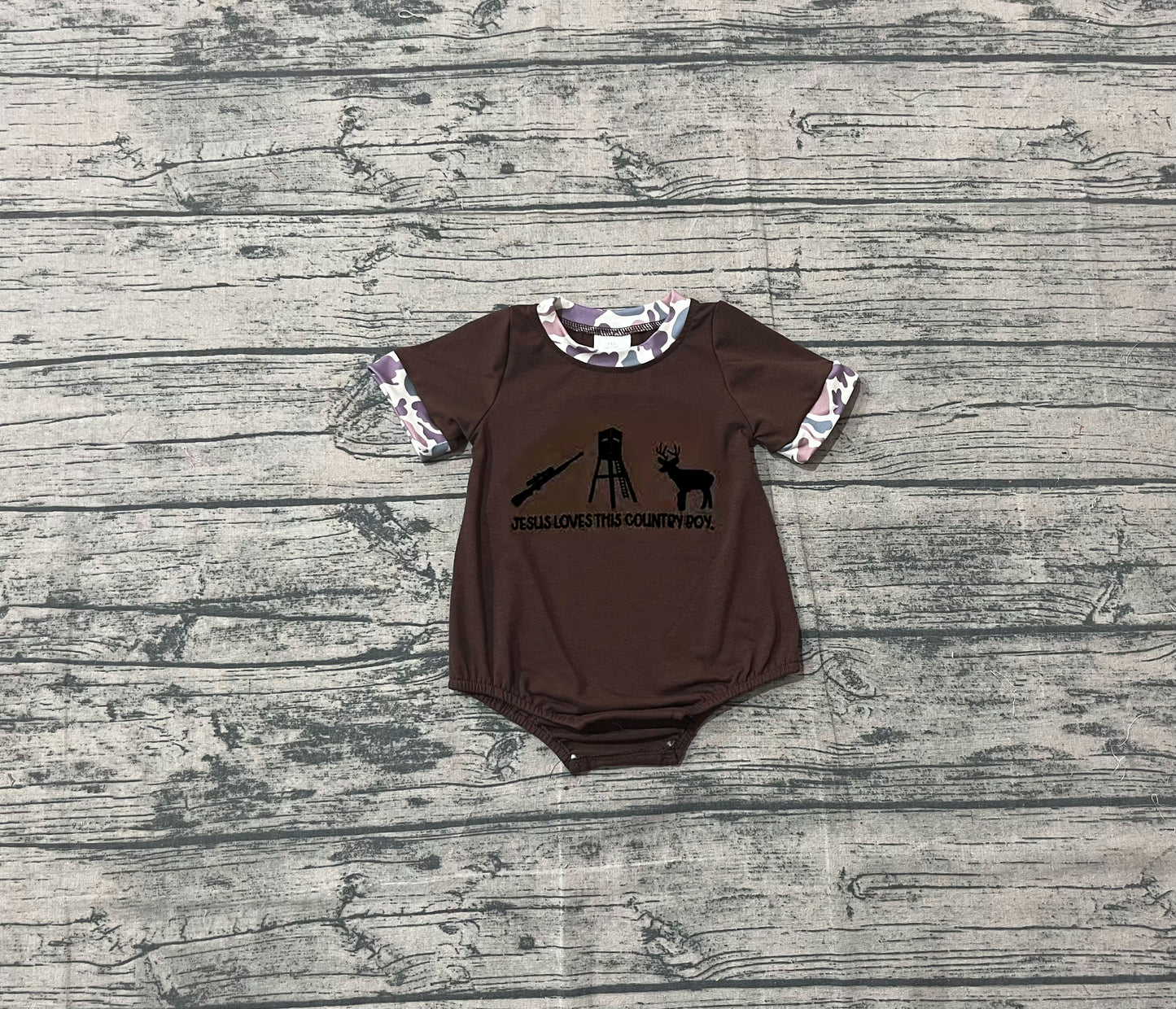 NO MOQ Preorder SR3280 Embroidered Deer Hunting Brown Short-Sleeved Boys Bubble Romper 202510
