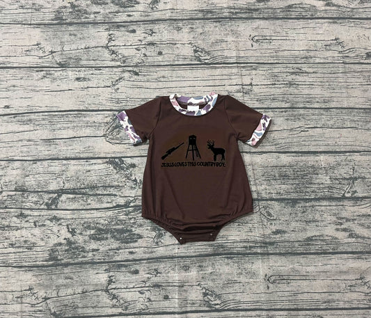 NO MOQ Preorder SR3280 Embroidered Deer Hunting Brown Short-Sleeved Boys Bubble Romper 202510