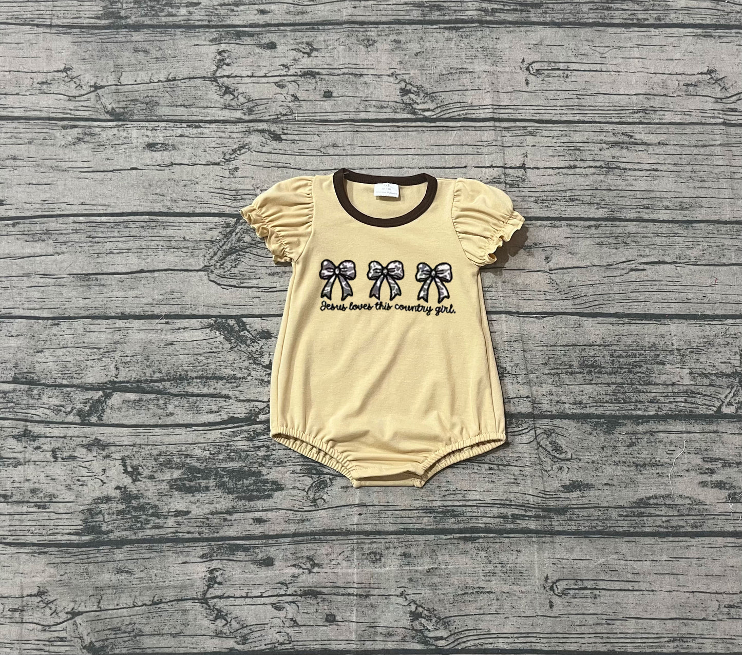 NO MOQ Preorder SR3281 Embroidered Camouflage Bows Yellow Brown Short-Sleeved Girls Bubble Romper 202510