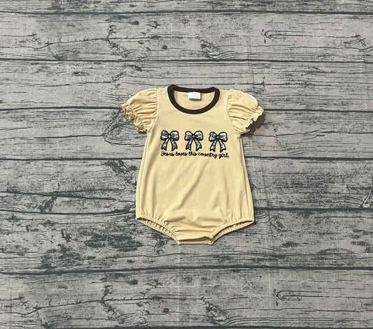 NO MOQ Preorder SR3281 Embroidered Camouflage Bows Yellow Brown Short-Sleeved Girls Bubble Romper 202510